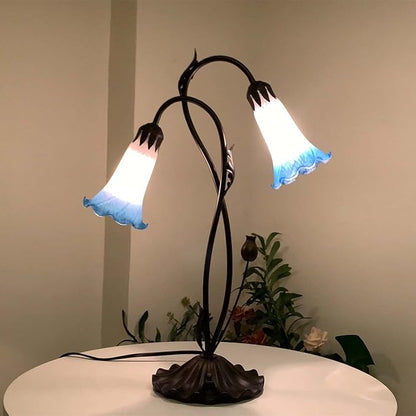 Bieye L10853 Lily Flower Blown Glass Accent Table Lamp for Living Room Bedroom Decoration (2-Light, Blue)