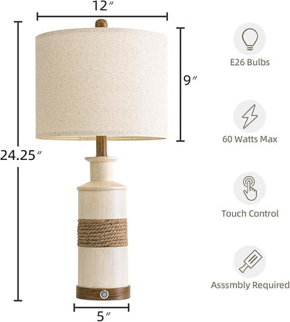 BOBOMOMO 24.5" Farmhouse Boho Table Lamps Set of 2, Hand-Woven Rattan Bedside Lamps with 3-Way Dimmable Touch Control & USB A+C Ports, Nightstand Lamp for Bedroom, Living Room, Corner (Bulbs Included)