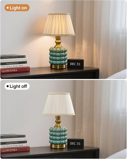 Vintage Lamp for Bedroom,Unique Lamps Cracked Ceramic lamp,UL Rotary Switch Control Pleated lamp Shade,Small Table lamp for Living Room Decor Kitchen Lighting (Blue+Pleated)