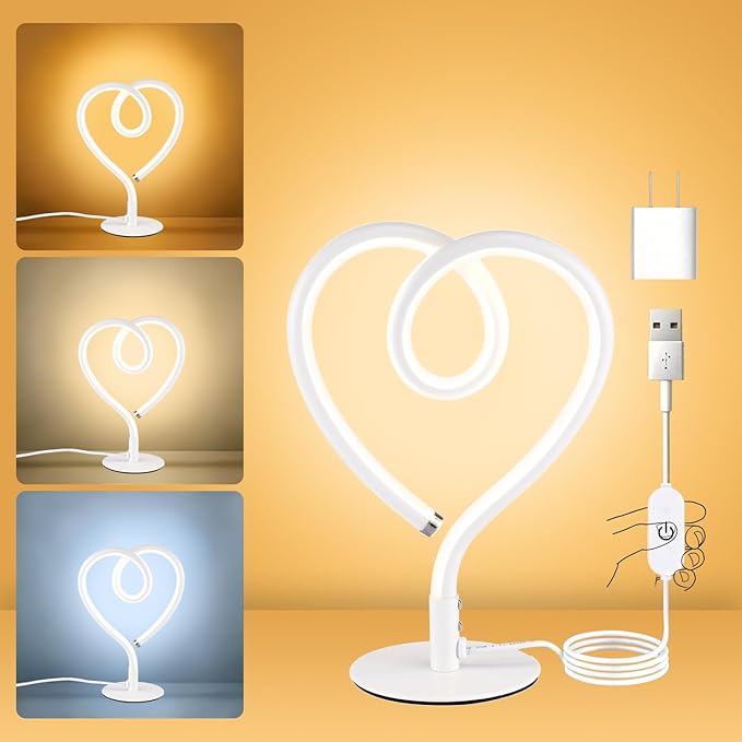White Table Lamp – 3CCT 2700K 4000K 6500K Stepless Dimmable Heart Lamp, Touch Control Aluminum Bedside Table Lamp with USB Adapter, Small Table Lamp for Bedroom,Teen,Room,Girls Room