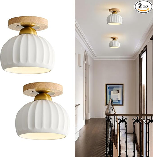 Ceramic Semi Flush Mount Ceiling Light - 2 Pack, Vintage Wood Gold Hallway Light Fixtures, White Globe Ceiling Lights,Mid Century Small Chandelier Light Fixture for Cottage Entryway Laundry Room Foyer