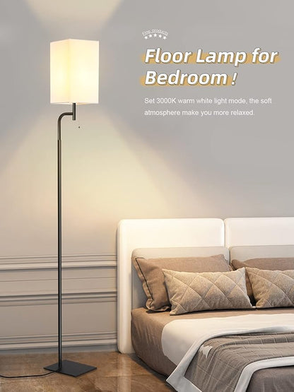 Modern Floor Lamps with 3 Color Temperatures, Minimalist Pole Lamp with Square Linen Shade & Flat Base for Living Room, Bedroom, Office or Kids Room