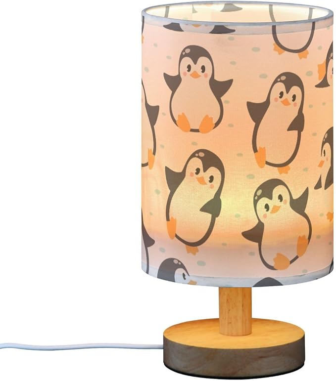 Bedside Lamp Cute Penguins Table Lamp for Bedroom LED Nightstand Lamp Shade USB Ports Wood Base for Living Room Dorm Office
