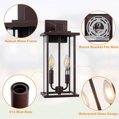 2-Pack 16" Large Outdoor Wall Light Fixtures, 2-Light Exterior Front Porch Light, Brushed Outdoor Sconce Lights, Waterproof Farmhouse Lamp Lighting (Bronze, 16in No Sensor)