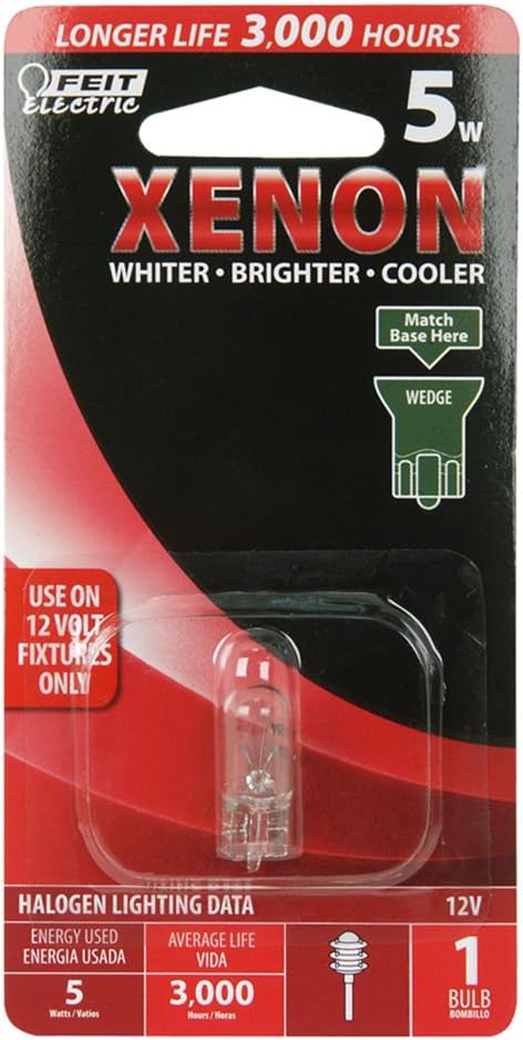 Feit Electric BP5XN-12 12-Volt 5-Watt T-5 Wedge Base Xenon Light Bulb, 3000K, Bright White Replacement Bulb