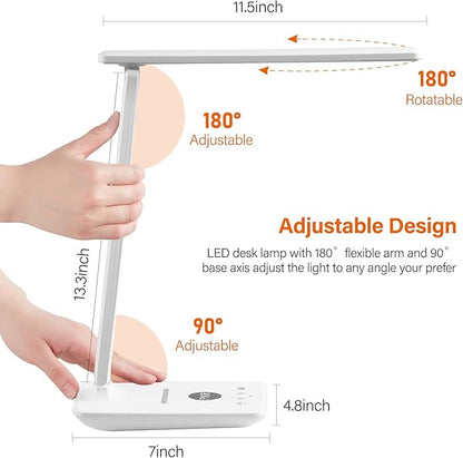 poukaran LED Desk Lamp with Wireless Charger, USB Charging Port, Office Table Lamp with Clock, Alarm, Date, Temperature for Home Office, White