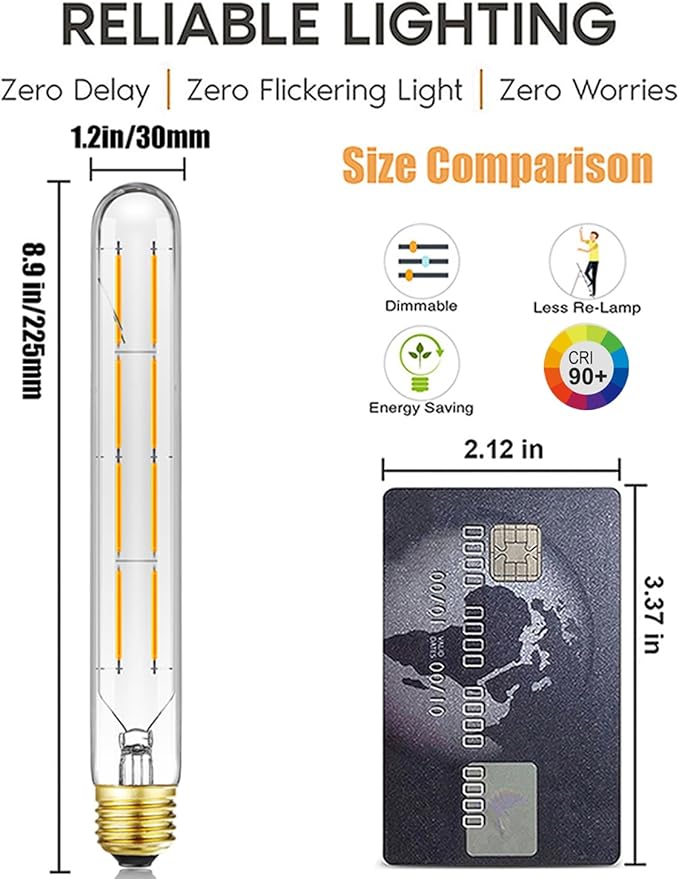 T10 Tubular Light Bulbs,E26 Dimmable Led Bulbs,8W Led Edison Bulb,75 Watt Equivalent,3000K Soft White,8.9 Inches Long Tube Light Bulb,6Pack.
