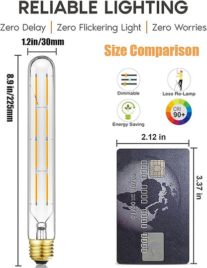 T10 Tubular Light Bulbs,E26 Dimmable Led Bulbs,8W Led Edison Bulb,75 Watt Equivalent,3000K Soft White,8.9 Inches Long Tube Light Bulb,6Pack.