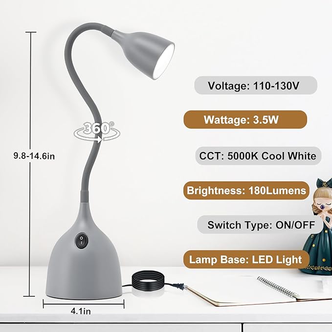 Gooseneck Desk Lamp 360 LED Flexible Reading Light for Small Spaces Home Office Bedroom College Dorm Bookshelf Nightstand Table (Grey)