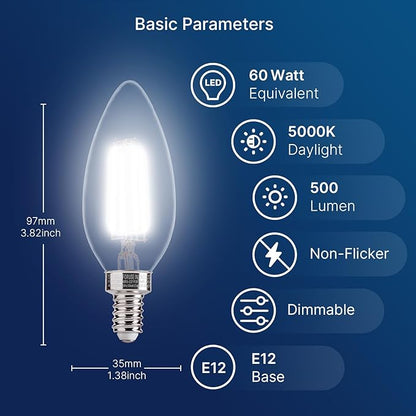 FLSNT 60W Equivalent LED Candelabra Bulbs, Dimmable LED Chandelier Bulbs, E12 Base, 500LM, CRI 82, 24 Pack, 5000K Daylight UL,CA65 Listed.
