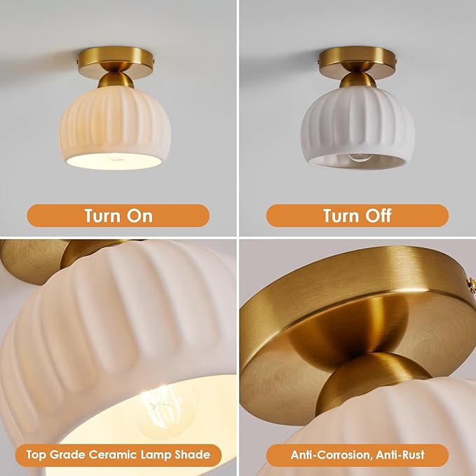 Vintage Ceramic Semi Flush Mount Ceiling Light - 2 Pack, Gold Hallway Light Fixtures, White Globe Ceiling Lights,Mid Century Small Chandelier Light Fixture for Cottage Entryway Laundry Room Kitchen