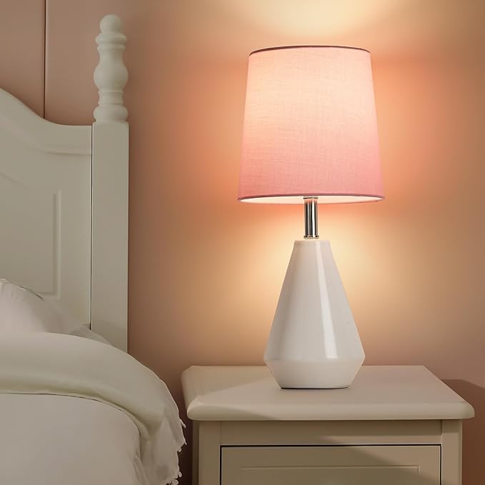 Small Bedside Table Lamp for Bedroom-Reading Desk Lamp Set of 2,with 3 Color Temperatures,15.5" Nightstand Ceramic Lamp with Fabric Shade for Kids Room,Living Room,Dorm,Home Office