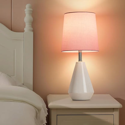 Small Bedside Table Lamp for Bedroom-Reading Desk Lamp Set of 2,with 3 Color Temperatures,15.5" Nightstand Ceramic Lamp with Fabric Shade for Kids Room,Living Room,Dorm,Home Office