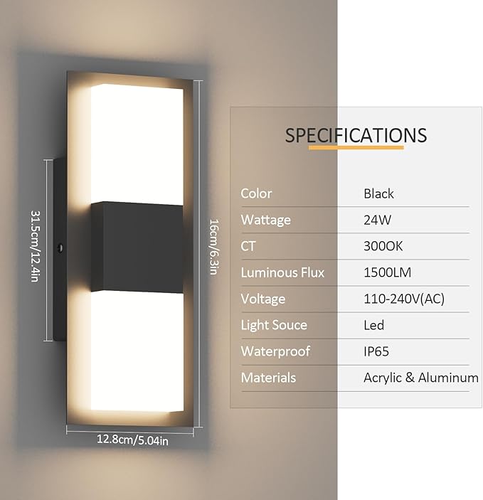 12.4 inches Outdoor Led Wall Light, 30W 3000K Hardwired Porch & Patio Aluminum Sconces with Frosted Acrylic Lampshade,IP65 Waterproof Exterior Wall Lamp for Garage,Front Door(Black,2Pack)