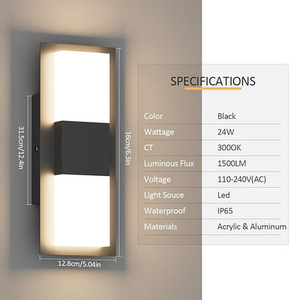 12.4 inches Outdoor Led Wall Light, 30W 3000K Hardwired Porch & Patio Aluminum Sconces with Frosted Acrylic Lampshade,IP65 Waterproof Exterior Wall Lamp for Garage,Front Door(Black,2Pack)
