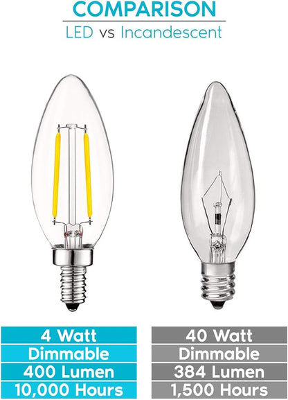 LUXRITE 4W Vintage Candelabra LED Bulbs Dimmable, 400 Lumens, 4000K Cool White, LED Chandelier Light Bulbs 40W Equivalent, Clear Glass, Filament Candle Bulb, UL Listed, E12 Base (12 Pack)