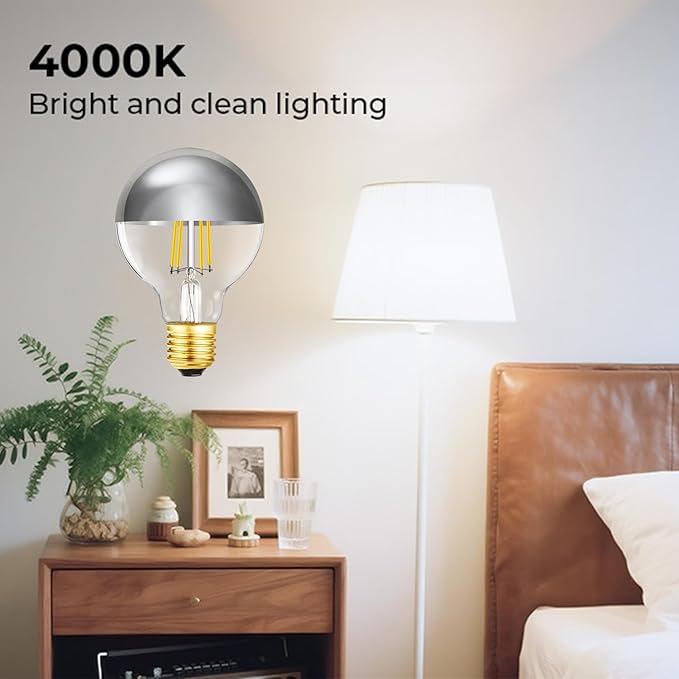 Half Chrome Light Bulb Dimmable 6W Anti Glare LED Light Bulbs 60 Watt E26 Silver Dipped Bulb 4000K Daylight G25 Globe Shape Decorative LED Bulbs G80 Bulbs for Bathroom,Vanity,Mirror,4 Pack