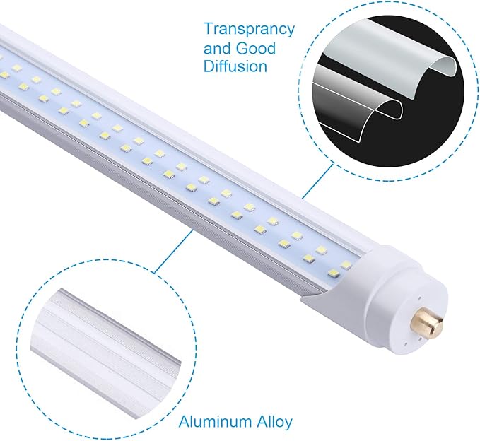 8FT Double Row LED Bulb, 96" 65 Watts T8 Single Pin LED Tubes with Clean Cover, 7800LM Super Bright, 6000K Cool White, T8 T10 T12 Fluorescent Fixture Replacement (25-Pack), Ship from USA
