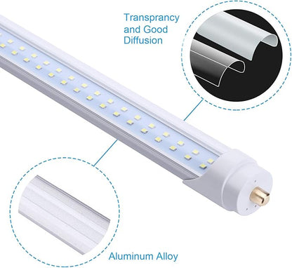8FT Double Row LED Bulb, 96" 65 Watts T8 Single Pin LED Tubes with Clean Cover, 7800LM Super Bright, 6000K Cool White, T8 T10 T12 Fluorescent Fixture Replacement (25-Pack), Ship from USA