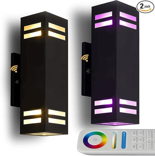 Up and Down Lights Outdoor, RGB Color Changing Outdoor Wall Lights with Dusk to Dawn Photocell Sensor，LED Smart Exterior Wall Light Fixtures for House Front Door Porch Patio 2 Pack