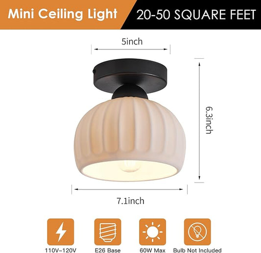 2 Pack Ceramic Semi Flush Mount Ceiling Light,Vintage Black Hallway Light Fixtures, White Globe Ceiling Lights,Mid Century Small Chandelier Light Fixture for Cottage Entryway Laundry Room Kitchen