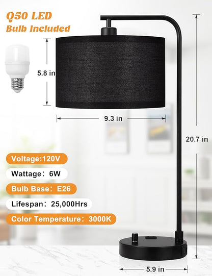Innqoo Black Tall Table Lamp with USB Port and Outlet, Dimmable Nightstand Bedside Lamps with Linen Lampshade, Desk Lamp for Bedroom, Living Room, Guest Room, Home Office, LED Bulb Included
