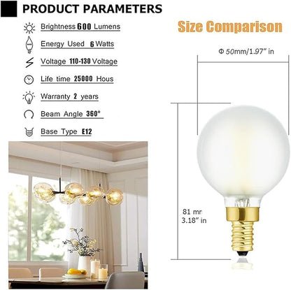 G16.5 Light Bulb,6W E12 LED Bulb dimmable Equivalent E12 Candelabra Bulb 60 Watt,Soft White 3000K,600lm,CRI90+,AC120V,Edison Style,Frosted Glass,Pack of 6