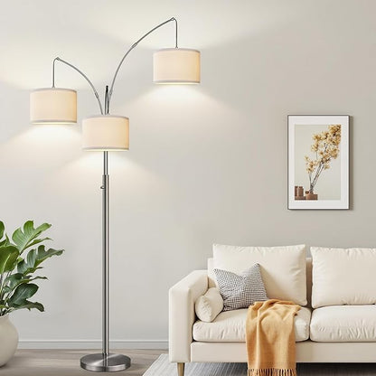 Nintiue Dimmable Floor Lamp - 3 Lights Brushed Nickel Arc Floor Lamps for Living Room,1000LM Modern Tall Standing Lamp with White Shades,Mid Century Tree Floor Lamp for Bedroom,3 LED Bulbs Included