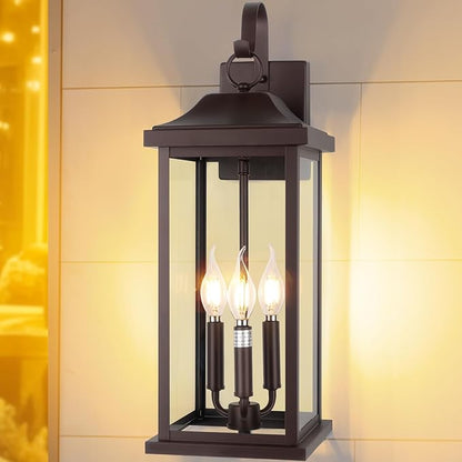 3-Light Extra Large 23” Outdoor Light for House Oil Rubbed Bronze, IP65 Waterproof Brown Exterior Light Fixture with Clear Tempered Glass Outside Wall Mounted Lamp Front Porch Light, E12