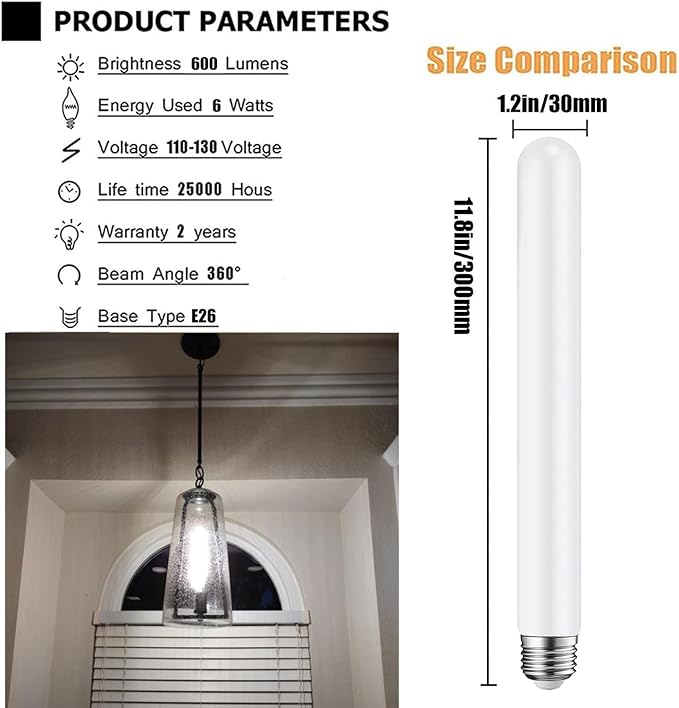 Leools E26 LED Light Bulb, T30 11.8inch Long Tubular Matt Opal Porcelain Dimmable Frosted, 4 Packs, 6W Equal 60 watt, 4000K Daylight, CRI90+