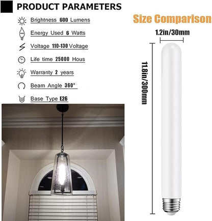 Leools E26 LED Light Bulb, T30 11.8inch Long Tubular Matt Opal Porcelain Dimmable Frosted, 4 Packs, 6W Equal 60 watt, 4000K Daylight, CRI90+