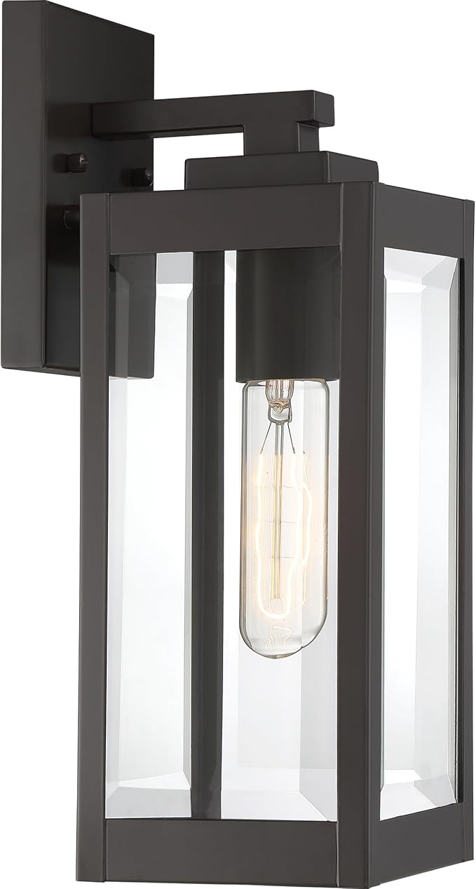 Quoizel Westover Modern Wall Sconce, 14.25 Inch Western Bronze 1-Light Outdoor Light Fixture, Clear Beveled Glass Wall Lantern, 100 W, Industrial Design Wall Light for Porch, Patio, Gazebo or Yard