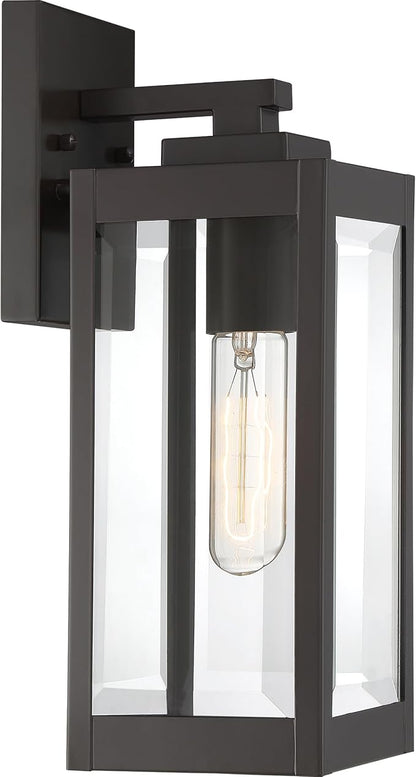 Quoizel Westover Modern Wall Sconce, 14.25 Inch Western Bronze 1-Light Outdoor Light Fixture, Clear Beveled Glass Wall Lantern, 100 W, Industrial Design Wall Light for Porch, Patio, Gazebo or Yard