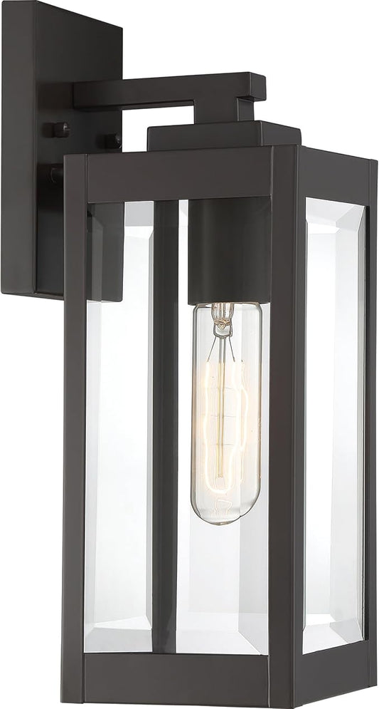 Quoizel Westover Modern Wall Sconce, 14.25 Inch Western Bronze 1-Light Outdoor Light Fixture, Clear Beveled Glass Wall Lantern, 100 W, Industrial Design Wall Light for Porch, Patio, Gazebo or Yard