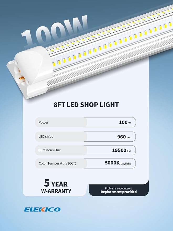 8' Led Shop Lights,Super Bright 19500LM 100W 5000K 8FT Led Shop Light, Linkable 8FT Garage Ceiling Lights for Garage Ceiling Workshop Warehouse