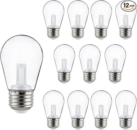 Sunlite 41030-SU LED S14 String Light Bulb, 1 Watt (10W Equivalent), 50 Lumens, Medium Base (E26), Non-Dimmable, ETL Listed, 2700K Soft White, Clear, 12 Count