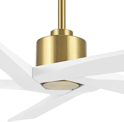 WINGBO 54 Inch DC Ceiling Fan without Lights, 5 Reversible Carved Solid Wood Blades, 6-Speed Noiseless DC Motor, Ceiling Fan No Light with Remote, Brass Finish with White Blades, ETL Listed