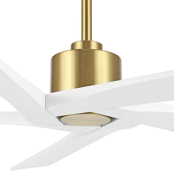 WINGBO 64 Inch DC Ceiling Fan without Lights, 5 Reversible Carved Solid Wood Blades, 6-Speed Noiseless DC Motor, Ceiling Fan No Light with Remote, Brass Finish with White Blades, ETL Listed
