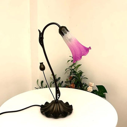 Bieye L10849 Lily Flower Blown Glass Accent Table Lamp for Living Room Bedroom Decoration (1-Light, Purple)