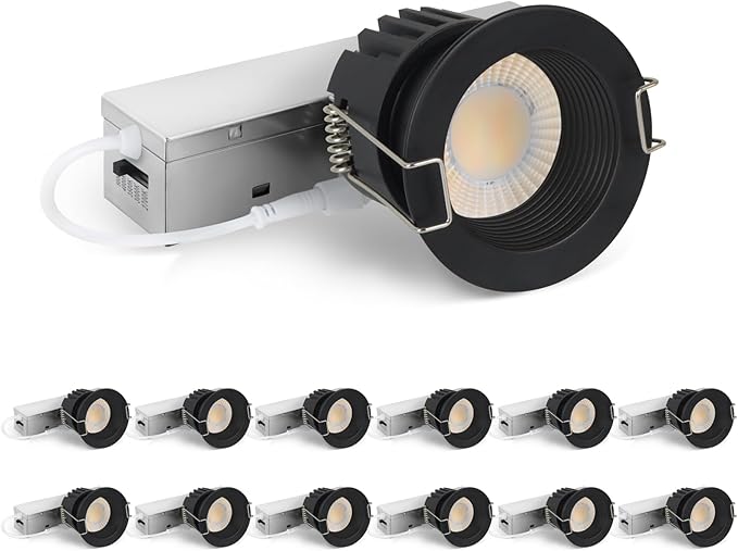 Adetu 2 Inch 5CCT Black Anti-Glare LED Downlight with Junction Box, 2700K/3000K/4000K/5000K Selectable, CRI90+, 8W COB, 840LM, IP65 Waterproof, Dimmable-ETL and Energy Star Certified (Black,12 Pack)