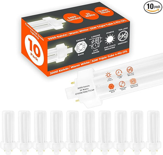 GoodBulb 32 Watt CFL Light Bulbs 4 Pin GX24Q-3 Base 3000K Warm White 32W High Output 2400 Lumens Triple Tube Compact Fluorescent Light Bulbs Plug-in 10 Pack