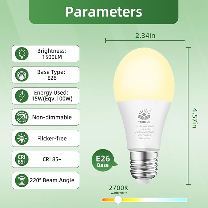 A19 LED Light Bulb, 100 Watt Equivalent LED Bulbs, 3000K Warm White, 1500 Lumens, Standard E26 Base, Non-Dimmable, 15W Super Bright Light Bulbs for Home, Office Lamp, ETL Listed(10-Pack)
