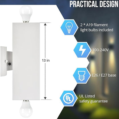 wowlite Modern Porch Lights White 2 Pack, Dust to Dawn Outdoor Light, Waterproof Outdoor Wall Lights Exterior Up and Down Lighting, 13" Square Outdoor Wall Sconce Lights for House Garage Front Door