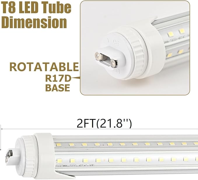 12 Pack 2FT T8 LED Tube Light Bulbs R17d High Output Cap 20W 6000K Cool White with Ultra Bright Dual-Row LED for 2Foot T10 T12 Fluorescent Replacement