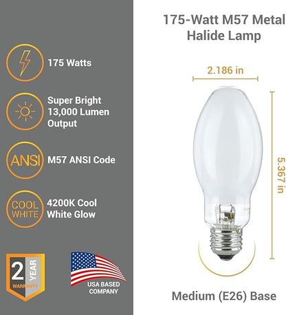 Diodesy- M57 Metal Halide Lamp 175W Probe Start 13000 Lumen E26 Medium Base 4200K Cool-White White Coated ED17 Shape 10000 Hour High Intensity Discharge Outdoor Light Bulb for Street Parking Pack of 2