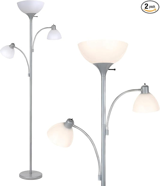 Brightech Sky Dome Double LED Floor lamp, Torchiere Super Bright Floor Lamp with 2 Reading Lamps for Living Rooms & Offices - Dimmable Tall Standing Lamp for Bedroom Reading - Tall Silver Pole