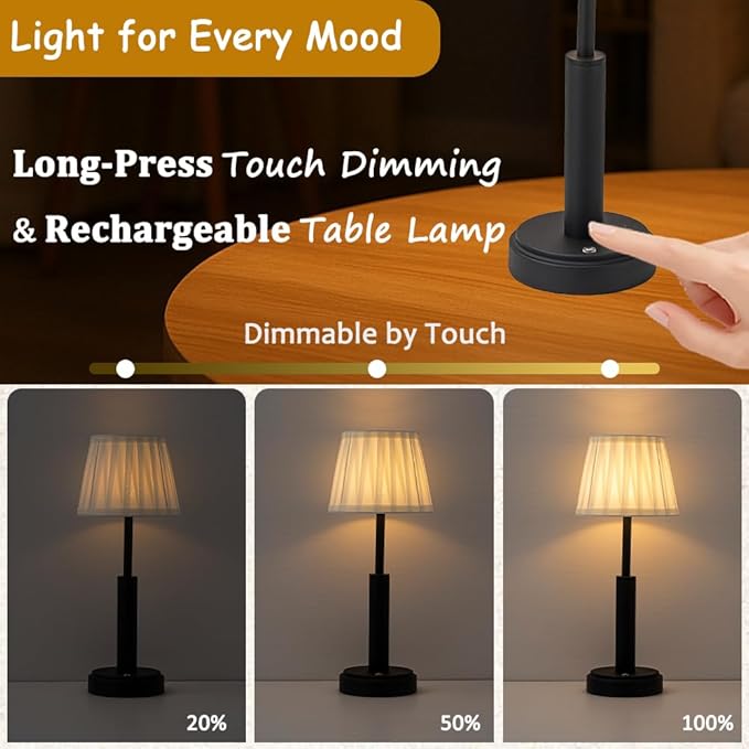 H16 Inch Modern Classic Black Fabric Shade Rechargeable LED Table Lamp Touch Control Cordless USB Nightstand Lamp with Stepless Dimming for Bedroom Gift for Christmas