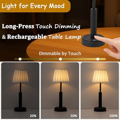 H16 Inch Modern Classic Black Fabric Shade Rechargeable LED Table Lamp Touch Control Cordless USB Nightstand Lamp with Stepless Dimming for Bedroom Gift for Christmas