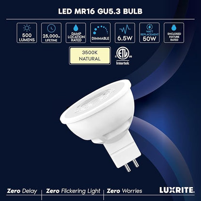 LUXRITE MR16 LED Bulb 50W Equivalent, 12V, 3500K Natural White Dimmable, 500 Lumens, GU5.3 LED Spotlight Bulb 6.5W, Enclosed Fixture Rated, Perfect for Track and Home Lighting (6 Pack)