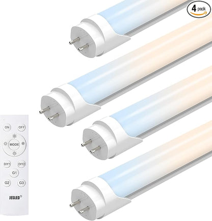 JESLED T8 Dimmable LED Tube Lights with Remote, Type B, 3200LM, 24W, 6 Colors 3000K | 3500K | 4000K | 5000K | 6000K | 6500K, 4 Foot Fluorescent Bulbs Replacement, Ballast Bypass, Dual-Ended, 4-Pack